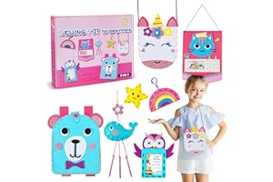 HooySprs First Sewing Kit for Kids Beginners Arts Crafts for Girls Ages 5-12 Make 7 Cute Projects Animal Bags, Instructions & Felt Learn to Sew DIY Felt Craft Kits Birthday Present Idea (Pink)