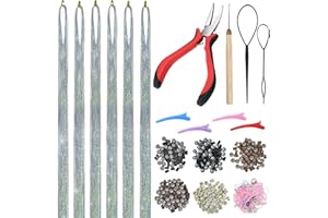 Vlasy Hair Extensions Tools Kit, 6 PCS 48 Inch Hair Tinsel Kit with Pliers, Pulling Hook Needle and 250 PCS 5mm Silicone Micro Beads, Fairy Tinsel Extensions and Hair Glitter Strands(Silver)