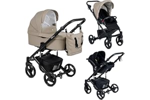 EMJOT Poussette Combinée Trio 3 en 1 Neri "Smooth" – Latte - Landau, poussette promenade, siège auto "i-Size" Groupe 0+ - Livrée avec ses accessoires.