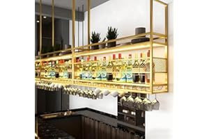 RAJYQODIS Estante Colgante del Vino, Estante Colgante del Cristal del Vino del Metal, sostenedor del almacenaje del Vino de la exhibición de la Barra de 2 Niveles, para Cocina y Bares (Oro, 140cm)