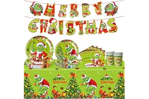 JUNBAOYYDS Vajilla de fiesta de Navidad, accesorios de fiesta, juego de platos de papel de Navidad, reutilizables, juego de vajilla de papel, incluye mantel, platos, vasos, servilletas para cumpleaños (verde)
