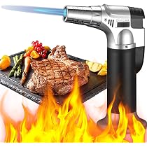 Accendino a butano ricaricabile, torcia a butano con chiusura di sicurezza, fiamma regolabile, torcia da cucina, design resistente al vento, per cucinare, esterni, barbecue (butano NON incluso) (Blu