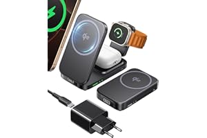 INIU Induktive iPhone Ladestation 3 in 1, 15W Qi2-Zertifiziertes Magnetisches Kabelloses Ladegerät Faltbar, Mag-Safe Wireless Charger for Apple Watch SE iPhone 17 16 15 14 13 12 AirPods (mit Adapter)