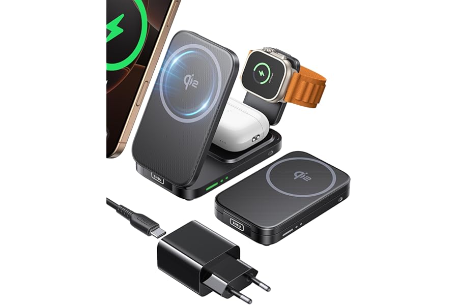 INIU 3 in 1 Wireless Charger, 15W Certified Qi2 Magnetic Charging Station Foldable Travel Charger with MagSafe for iPhone 17/16/15/14/13/12 Series, Apple Watch, AirPods Pro/4/3/2
