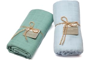 BEBICCO Lot de 2 Langes bébé 120x120cm, Vert Menthe/Bleu Ciel, en Coton Bio & Bambou. Couverture d'emmaillotage: Douce, Légère, Respirante, Polyvalente- Idéale comme Cadeau