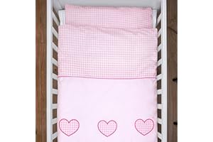BABY COMFORT 4 Piece 120x90 cm Duvet & Cover with Pillow & Pillowcase Bedding Set for Baby Cot (Heart Pink)