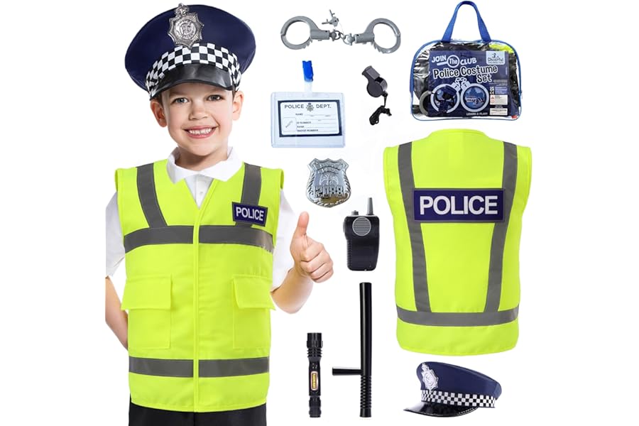 Cheerful Children Toys Kids Police Costume - 10 Pcs Police Officer Outfit Dress Up - Ideal for Boys & Girls Aged 3-7 - Include Vest & Hat - Kids Fancy Dress for Roleplay, Halloween, & STEM Learning