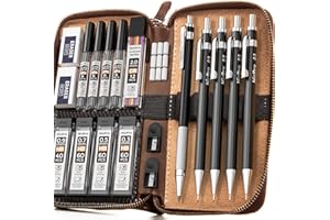 Nicpro 23PCS Metal Mechanical Pencil Set in Leather Case, Black Propelling Drafting Pencil 0.3, 0.5, 0.7, 0.9 mm & 2mm Lead Holders For Art Drawing Sketching, (6B 4B 2B HB 2H 4H Colors) Lead Refills