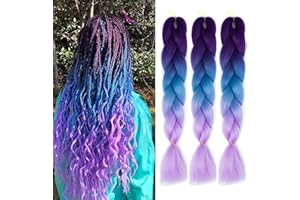 SHIHERESH 24'' Braiding Hair Extensions Ombre 3 colors Jumbo Braids Hair 3 Stücke Kanekalon Hair for Flechten Afro Box Braids(Dunkellila-Seeblau-Helllila)