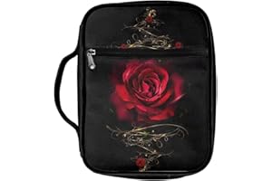 ZIATUBLES Red Rose Print Bible Cover Carrying Book Case Church Bag Bible Protective with Handle and Zippered Pocket for Mother Lady Women