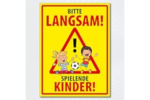 ‎PG PICO SIGNS SCHILDER UND MEHR Hochwertiges Schild - Aluminiumverbundplatte " BITTE LANGSAM! SPIELENDE KINDER " 400 x 300 mm rechteckig | Vorsicht Kinder spielen | Autofahrer langsam fahren | Hinweisschild gelb rot