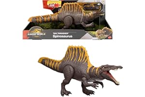 Mattel Jurassic World El Renacer, Espinosaurio Cola destructora Dinosaurio de juguete, figura de acción con 2 movimientos de ataque, fiel a la película y articulada, juego digital, JGB57