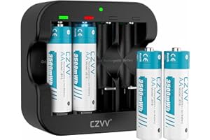 czvv Piles Rechargeables Lithium AA 1,5V - Chargeur avec 4 Pack Accu Haute Capacité 3500mWh - Charge Rapide 2H - Batterie Durée 10 Ans, 1300 Cycles, Préchargées, Faible Auto-décharge, Sortie Constante