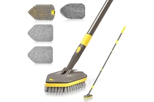 NEWE 3 in 1 Spazzola per la Pulizia della Doccia, Scrubber per Vasca da Bagno con Manico Lungo Telescopico da 142 cm, 4 Testine Sostituibili per Vasca da Bagno Pavimento Lavandino Marrone Giallo