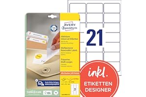 ‎AVERY ZWECKFORM AVERY Zweckform L6023REV-25 Universal Etiketten (525 plus 105 Klebeetiketten extra, 63,5x38,1mm auf A4, wieder rückstandsfrei ablösbar/abziehbar, bedruckbar, selbstklebende Aufkleber) 30 Blatt, weiß
