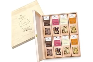 WELLNUSS Herrenabend Geschenkset – 8 Premium Snacks in edler Birkenholzbox – exklusive Nuss- & Schokoladenmischungen – Geschenkidee für Männer, Papa, – Geburtstag, Vatertag (4 x 60-70 g)