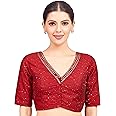 Studio Shringaar Women's Readymade Polyester Elbow Length Sleeves Saree Blouse with Mirror Work