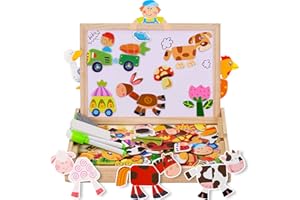 COOLJOY Puzzles en Bois Magnétique, 100+ Pièces Motif Ferme Jigsaw avec Tableau Noir de Chevalet à Double Face Jouets Educatif pour Bambin Enfants Fille 3+ Ans