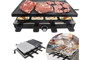 YRHome Griglia per raclette per 8 persone, con piastra in pietra e piastra per barbecue, 1400 W, 8 padelle e spatole in legno, temperatura regolabile, per interni