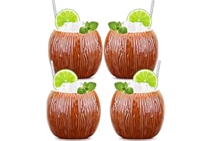 SUPROBARWARE Tiki Bicchieri forma di cocco Tiki Bar Accessori Set di 4 530 ml - Tiki Tazze Grandi Bicchieri in Ceramica Cocktail Bicchiere Hawaiian Luau Party Tazze Drinkware