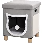 PawHut Cat Cave Bed 2 in 1 Indoor with Cushion 14 x 14 x 42.5 cm Grey | Cat House, Footrest Type, Removable Cushion, Hanging