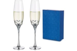 Inweder Juego de 2 copas de champán plateadas para regalos de boda, base de metal creativa con cristales, copas de Prosecco, copas de boda personalizadas para novia, novio, regalos de compromiso