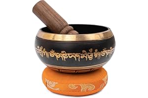 ATTRACTION ZEN Bol Tibétain Noir Antique – Fait Main au Népal – Avec Maillet & Coussin dans Coffret en Papier Népalais – Son Profond & Apaisant pour Méditation, Relaxation & Yoga