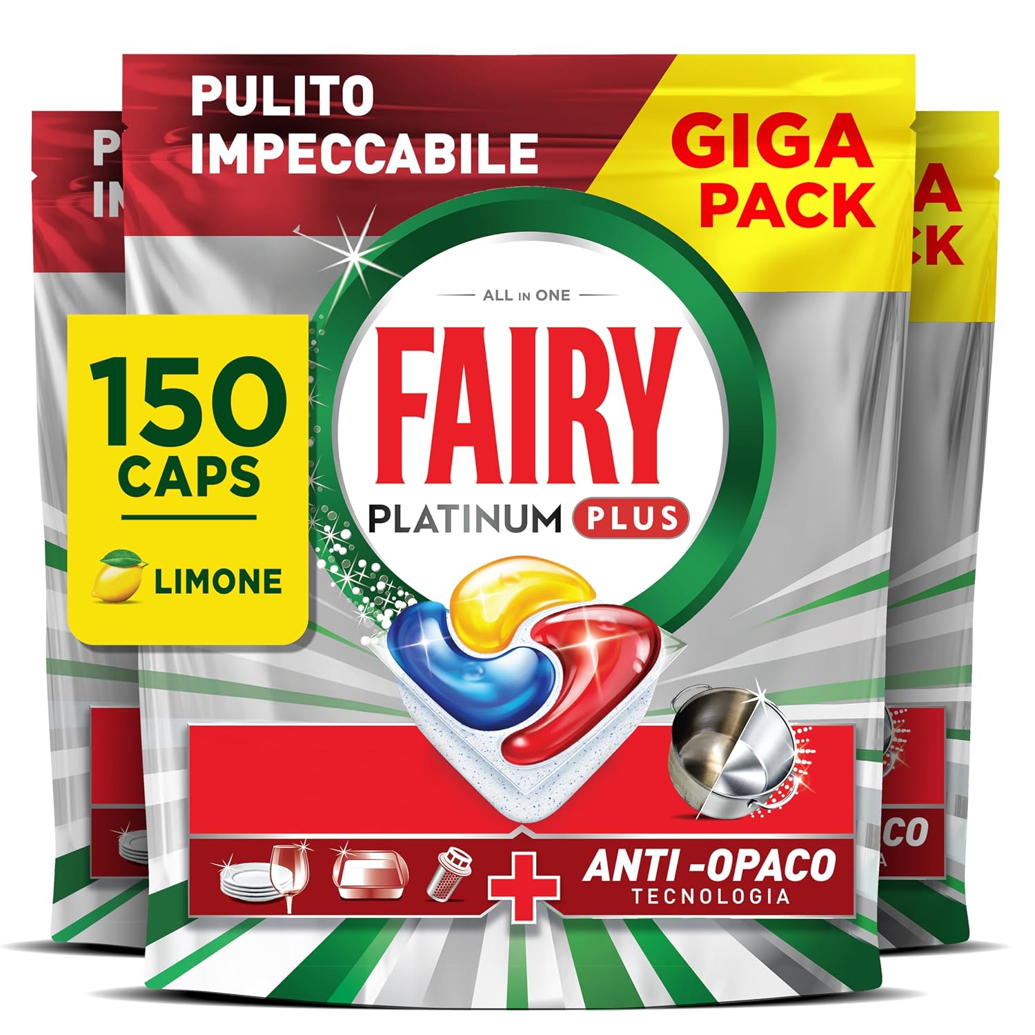 Fairy Platinum Plus Pastiglie Lavastoviglie, 150 Capsule, Limone. | Detersivo con tecnologia anti-opaco, contro grasso e incrostazioni cicli brevi