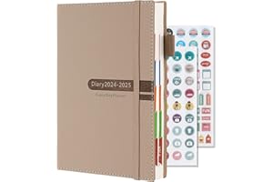 GOLDAYPLN Academic Diary 2024-2025,Diary 2024-2025 A5 Page a Day, Academic Diary runs from July 2024 to June 2025, Elegant Hardcover Daily Planner,Colorful Monthly Tab,Pen and Pen Holder, Back Pocket (Khaki)