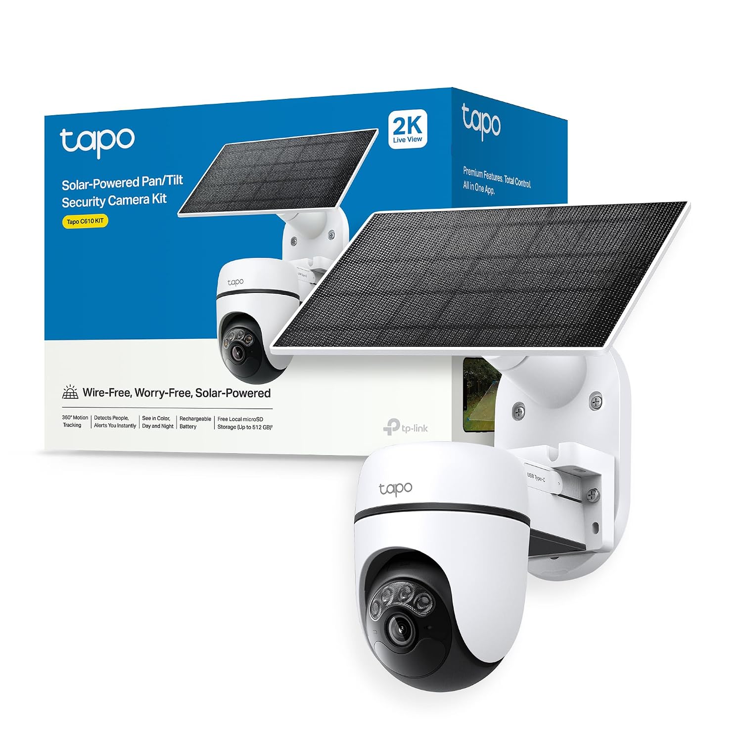 Tapo C610 Kit - Cámara Vigilancia WiFi Exterior 360º, Panel Solar, 2K 3MP | Detección de Movimiento y Personas. Batería 6700mAh. Visión Nocturna a Color. Alarma Luz y Sonido. Admite MicroSD. App Tapo.