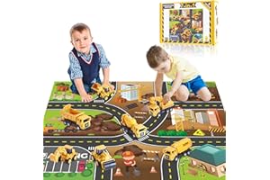 Yetech Véhicules de Construction pour Enfant,7 en 1 Vehicules de Chantier Kit,avec 27.6 * 31.5ins Carte de la Ville Tapis，Jeu Educatif Construction Camion Cadeau pour Garçons et Filles 3-7 Ans