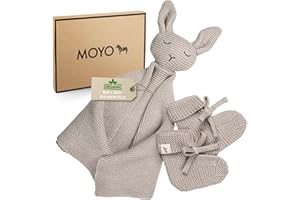 MOYO Baby Geschenk Set in Grau I 2-teiliges Geschenkset mit gestricktem Schnuffeltuch-Hase & Schühchen I Geschenk zur Geburt für Junge & Mädchen I Babygeschenke für Neugeborene