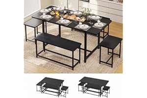 KIMENICH Conjunto Mesa y Sillas Cocina, Mesa de Cocina con Sillas, Mesa de Comedor Extensible, Mesa de Cocina con 2 Taburetes y 2 Bancos, para 8 Personas, Estructura de Metal, Cocina, Comedor, Salón, Negro
