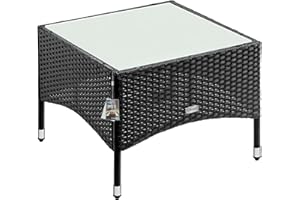 CASARIA® Mesita de Centro Poliratán 58x58x42cm Carga hasta 80Kg Mesa Auxiliar Jardín Ajustable en Altura Tablero Vidrio Resistente Intemperie Negro