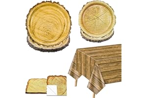 PTECDROTS Rustic Wood Party Decorations Tableware - Wood Party Plates and Napkin Sets, and Wood Tablecloth for Rustic Party Decorations Woodland Party Decorations Camping Supplies, Serve 20