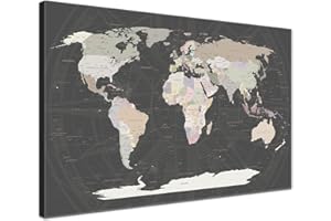 ‎LANA KK LANA KK Weltkarte-Pinnwand als Leinwandbild, pinne Deine Reisen und Erinnerungen – World Map Grey - Deutsch - Landkarten-Wandbild in grau, 100 x 70 cm