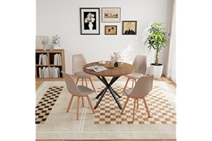 GrandCA HOME - Juego de Comedor con 4 sillas, Mesa Redonda de Madera de 100 x 100 x 75 cm, 4 sillas de Respaldo Alto, Patas de Madera de Haya (marrón Oscuro y Caqui)