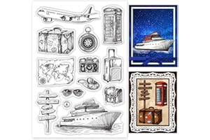 GLOBLELAND Vintage Viaggi timbri trasparenti per il fai da te Scrapbooking Decor Aerei Valigie Bussole Mappe Occhiali da sole Telecamere Barche in silicone trasparente Francobolli per fare le carte