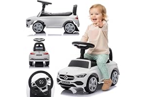 sun baby Rutschauto ab 1 Jahr Mercedes C-Class, Kinderfahrzeug für Jungen und Mädchen mit Audio-Lenkrad, Ablagefach, Kippschutz (Weiß)