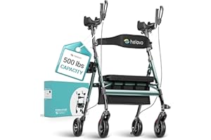 Helavo Extra Wide 28.3" Bariatric Upright Walker for Elderly, 500 lbs Capacity with 8″ Flat-Free Tires, All-Terrain Heavy-Duty Stand-Up Rollator Walker with Seat