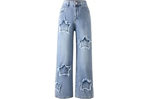 SEAUR Girls Jeans Wide Leg Pants Kids Elastic Waist Denim Pants Baggy Casual Trousers Ripped with Pockets 7-14 Years