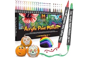 ‎AOSUCO AOSUCO Acrylstifte für Steine Wasserfest, 24 Dual Tip (dot & brush marker) Acrylstifte Wasserfest Steine Bemalen, Acrylmarker für Holz, Papier, Glas, Leinwand, Muscheln, Basteln Acrylic Paint Marker