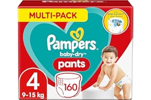 Pampers Couches-Culottes Taille 4 (9-15 kg), Baby-Dry, 160 Couches-Culottes Bébé, Multi Pack, Maintien 360° pour Éviter les Fuites, Faciles à Changer