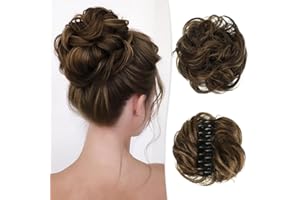 RUWISS Moño Postizo Desordenado con Pinza para Extensiones de Coleta 100% Cabello Humano Ondulado y Rizado Scrunchies de Cabello Humano Genuino con Clip para Mujeres (Marrón Oscuro y Marrón Claro)