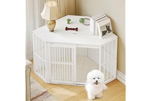 Hzuaneri Gabbia per cani Corner Flip, Gabbia per Cani da Casa, Cuscino, Porta Scorrevole, Gabbie in Legno per Interni per Cani di Taglia Media Piccola, 107 x 59,6 x 64 cm, Bianco DFC85903W