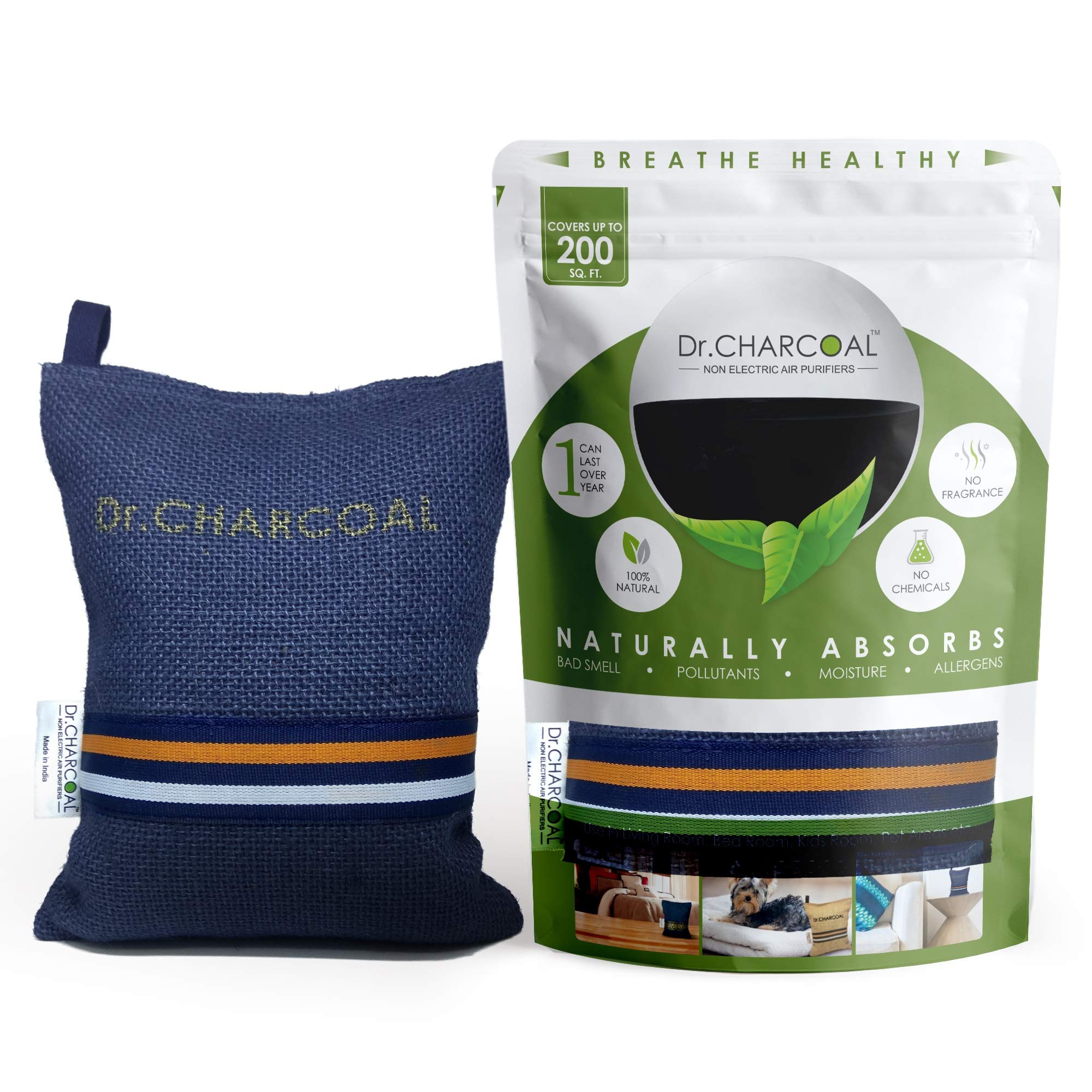 Dr. CHARCOAL Non Electric Air Purifier, Deodorizer and Dehumidifier for Living Room, Kids Room, Bedroom, Pet Areas - 500 Gram