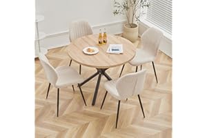 BenyLed Juego de Mesa y Sillas de Comedor, Mesa de Comedor Redonda de 100cm y 4 Sillas de Cocina de Estilo Nórdico, para Cocina, Sala, Comedor, Oficina (Natural+ST-Beige)