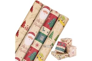 JIANTA Rollo de Papel Regalo Kraft Navideño, 4 Rollos de 43 cm x 3 m, ideal para Envolver Regalos Navideños, Papel de Envoltura Kraft Impreso con 4 Diseños Navidad Diferentes