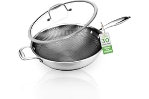 NutriChef-Wok 30 cm, Poêle wok en Acier Inoxydable, Couvercle en Verre, Revêtement Antiadhésif avec Gravure DAKIN, Résistant aux Rayures,Pour Induction, Gaz, Electricité et Céramique