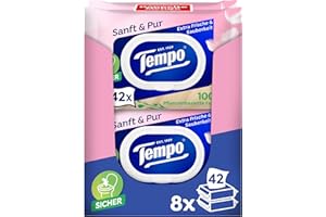 Tempo Wilgotne ściereczki toaletowe "Soft & Pur" - Megapack - 16 opakowań po 42 ściereczki - podwójne opakowania - wilgotny papier toaletowy, testowany dermatologicznie i neutralny dla skóry